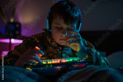 In a dimly lit room, a teenage gamer focuses intently on the screen, wearing headphones and tapping away on a vibrant backlit keyboard while playing on his smartphone.