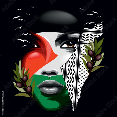 Palestine Flag and Map, olive branch and Keffiyeh on Girl's Portrait Symbol of Palestinian Strength and Resistance Vector Illustration
