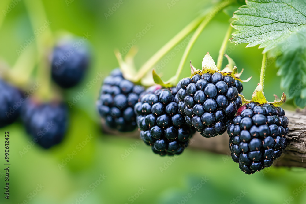 Close-up of ripe blackberries on vine, fresh and ready for harvest, green blurred background Close-up of ripe blackberries on vine, fresh and ready for harvest, green blurred background