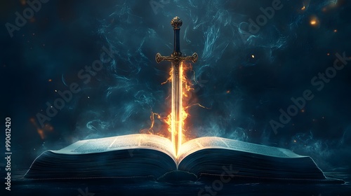 2. **Illustrate a striking concept where a sword emerges from the pages of a Bible, symbolizing the power of faith. Surround the sword with ethereal light and elements that convey strength and