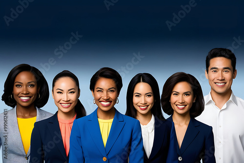 Portrait of successful group of business people standing as a team on blue background with copy space.