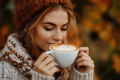 Wallpaper Mural Beautiful young woman drinking a cappucino at autumn in warm clothes. Outdoor portrait Torontodigital.ca