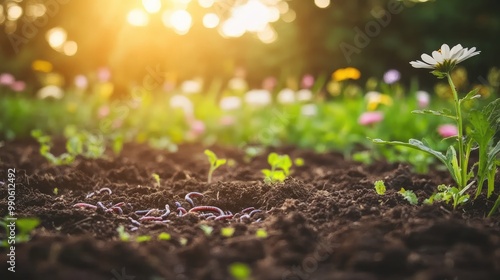 Regenerative farm landscape, with healthy soil at the forefront, teeming with worms and microorganisms, while crops and wildflowers flourish in the background