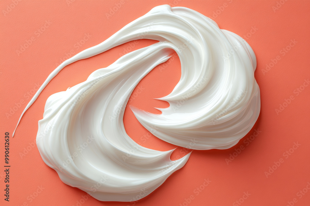 White cream on a peach background creating an abstract shape. Skin care products. White cream on a peach background creating an abstract shape. Skin care products.