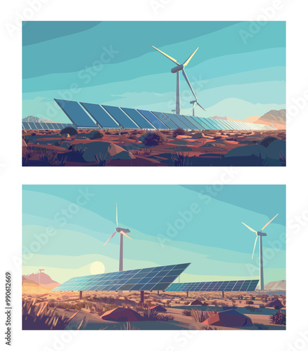 Solar array panels cartoon vector scenes. Windmill turbine battery energy reproduce cell green power pure energy sundown landscapes concepts