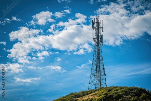 The internet network transmitter mast stands firmly on a large area of ​​land with the hot sun. transmitting the internet network to all places