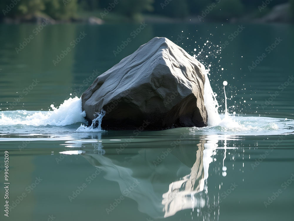 Lone Rock Emerging from Tranquil Turquoise Waters with Dynamic Splash ...