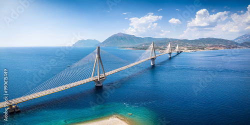 Panoramic aerial view of the big suspension bridge between Rio and Antirio, Peloponnese, Greece photo