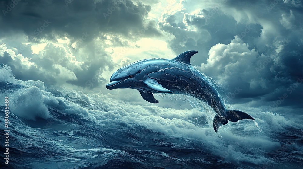 Fototapeta premium A Metallic Dolphin Leaps Through Stormy Ocean Waves