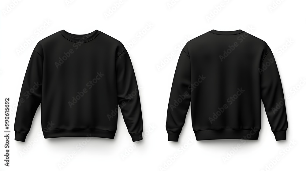 2. **Illustrate a mockup of a black crew neck sweatshirt, showcasing both the front and back views. Ensure the sweatshirt appears realistic, with a focus on the shape and design details against a