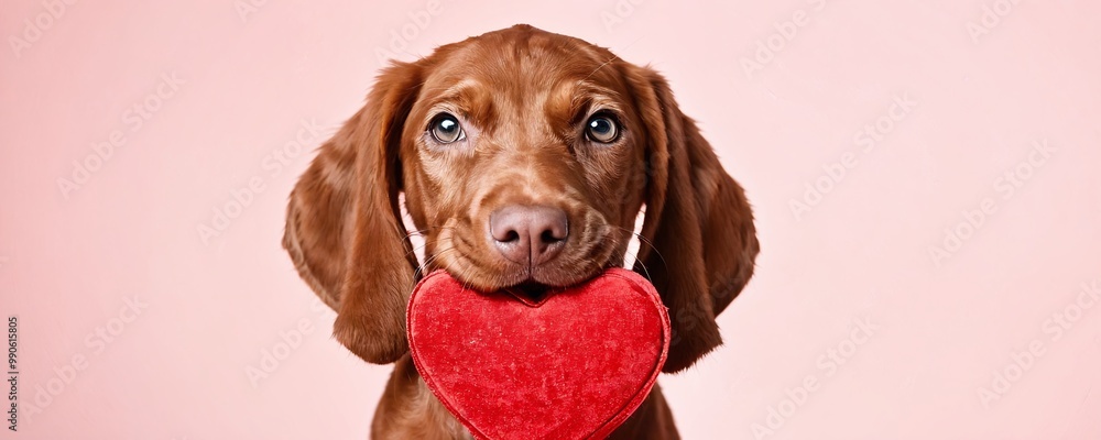Happy brown puppy holds a heart-shaped decoration in its mouth against a soft pink background during a playful studio session Happy brown puppy holds a heart-shaped decoration in its mouth against a soft pink background during a playful studio session