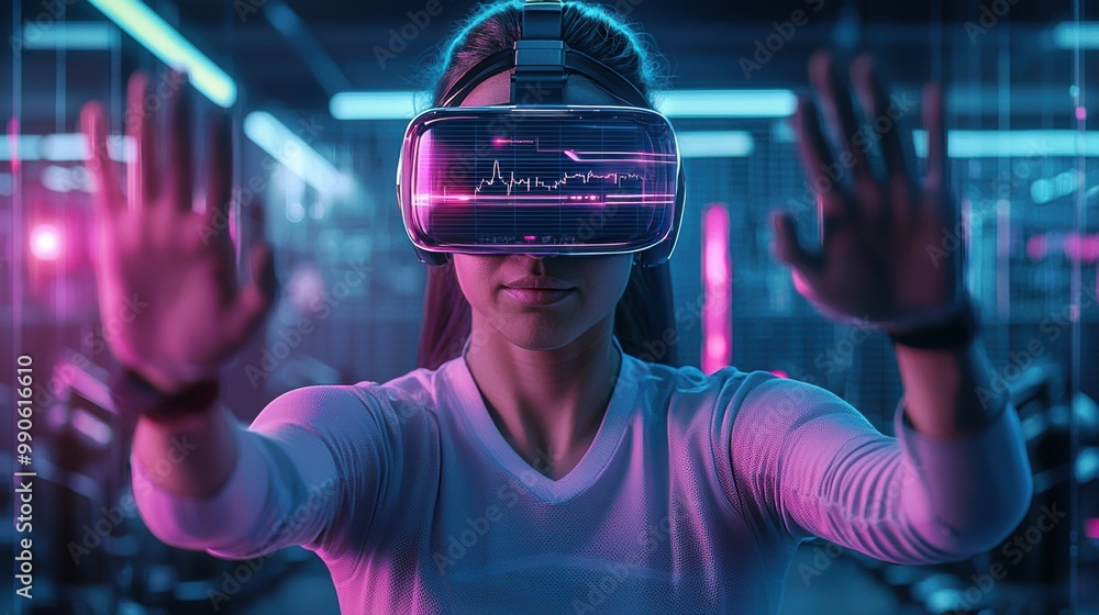woman wearing virtual reality headset in futuristic gym, engaging with digital elements. vibrant neon colors create immersive atmosphere. woman wearing virtual reality headset in futuristic gym, engaging with digital elements. vibrant neon colors create immersive atmosphere.