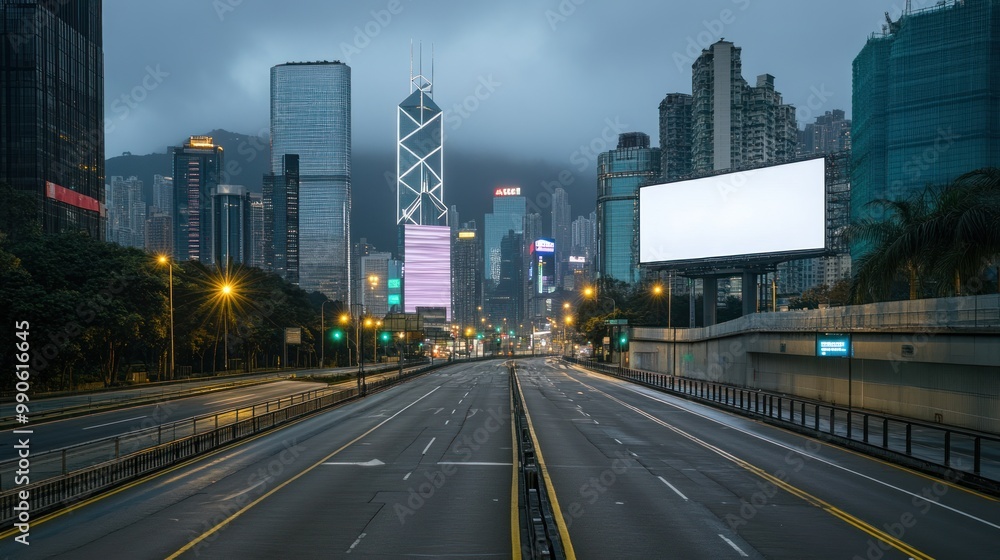 A quiet urban street at dawn with skyscrapers and billboards in a modern cityscape. A quiet urban street at dawn with skyscrapers and billboards in a modern cityscape.