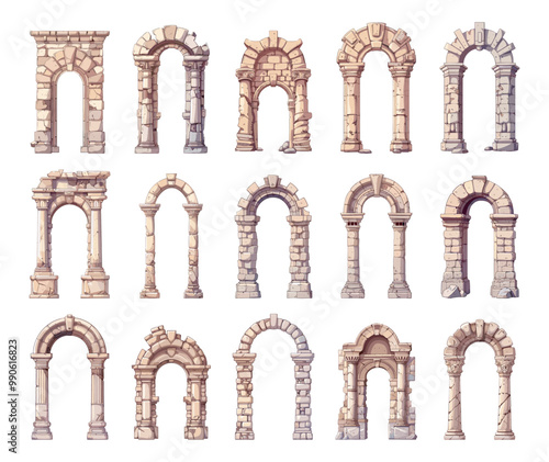 Stone columns ancient arches cartoon vector set. Rock marble gateway cracks palace castle entrance portal split scratches frames ruin gates illustration isolated on white background
