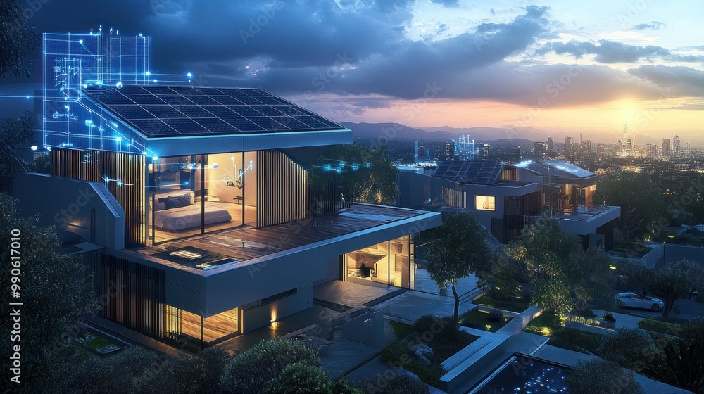 Obraz premium Modern home with solar panels and smart technology, set against a city skyline at dusk.