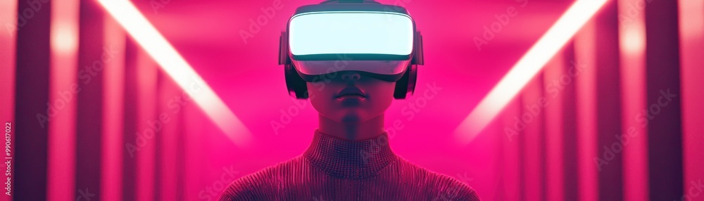 person wearing virtual reality headset in vibrant pink lit corridor, showcasing immersive experience of technology and digital worlds. person wearing virtual reality headset in vibrant pink lit corridor, showcasing immersive experience of technology and digital worlds.