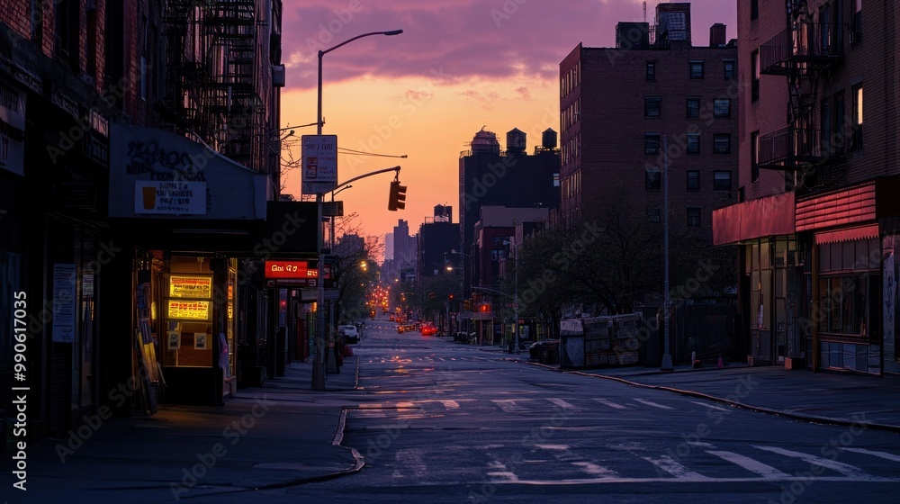 Fototapeta premium A quiet urban street at sunset, showcasing buildings and a serene atmosphere.