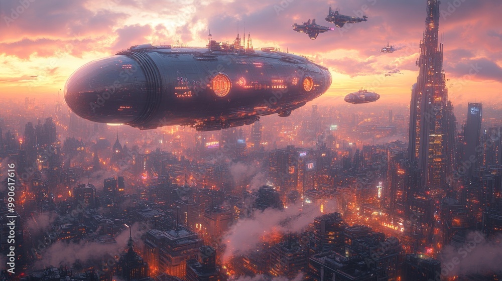 Massive Airship Hovering Over Futuristic City at Sunset Generative AI Massive Airship Hovering Over Futuristic City at Sunset Generative AI