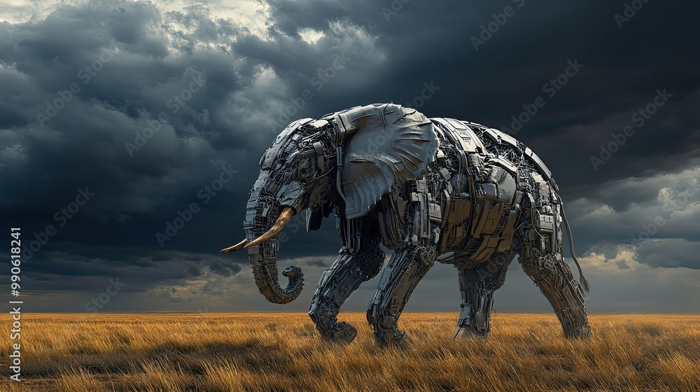 Fototapeta premium A Mechanized Elephant Stands in a Field Against a Stormy Sky