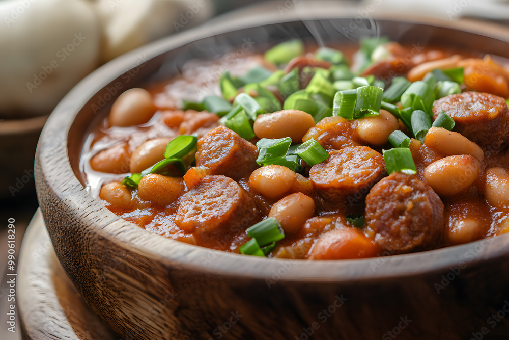 Delicious sausage and bean stew served steaming hot with green onions on top in a wooden bowl Delicious sausage and bean stew served steaming hot with green onions on top in a wooden bowl