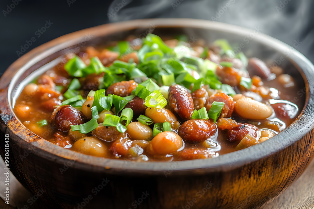 Delicious sausage and bean stew served steaming hot with green onions on top in a wooden bowl Delicious sausage and bean stew served steaming hot with green onions on top in a wooden bowl