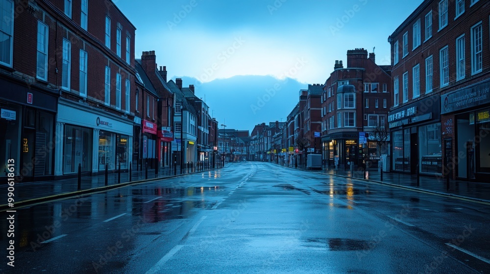 Obraz premium A quiet, rainy street scene with reflections and a moody atmosphere.