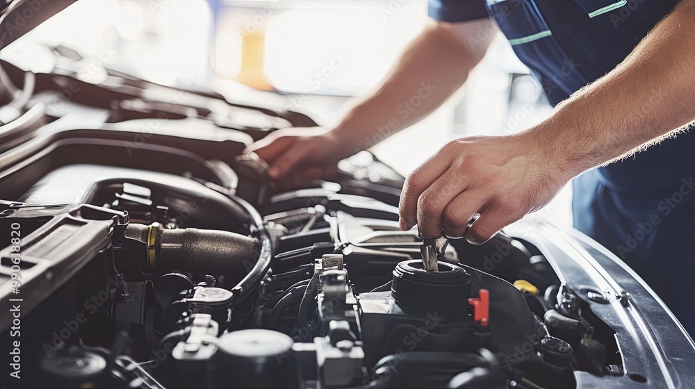 Skilled Automotive Mechanic in a Garage, Intently Working on a Car Engine Amidst an Array of Tools and Machinery Skilled Automotive Mechanic in a Garage, Intently Working on a Car Engine Amidst an Array of Tools and Machinery