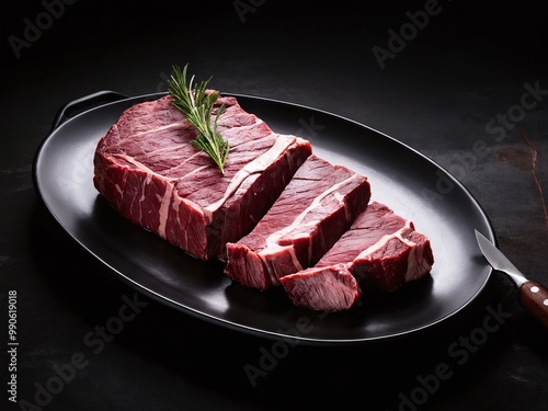 Freshly cut ribeye steak on a black platter garnished with rosemary, ready for grilling or cooking