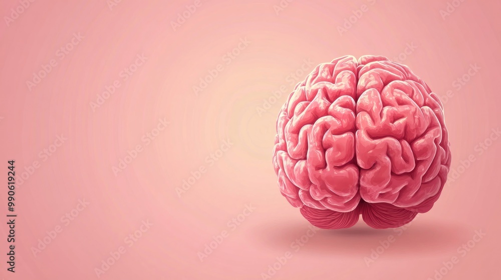 A realistic illustration of a human brain on a pink background. A realistic illustration of a human brain on a pink background.
