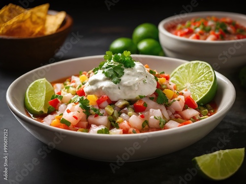 Fresh salsa with diced vegetables, lime wedges, and creamy topping served in a bowl alongside tortilla chips on a wooden table