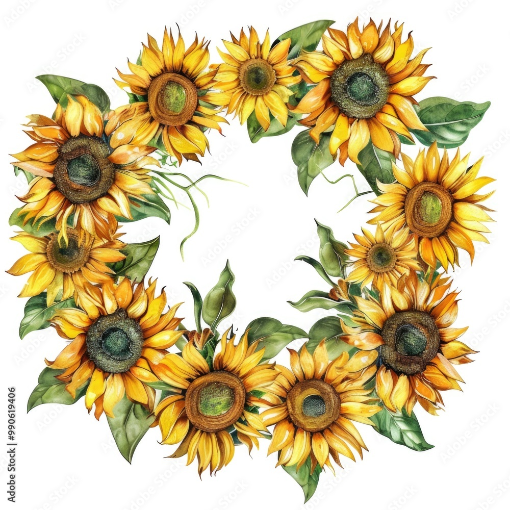 Bright Sunflower Wreath on White Background. Vibrant Summer Floral Design Bright Sunflower Wreath on White Background. Vibrant Summer Floral Design