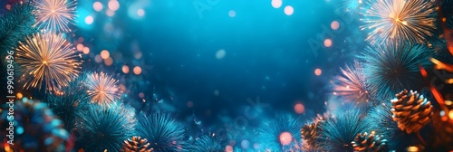 Wallpaper Mural vibrant blue background with fireworks and pinecones, festive celebration, glowing light effects	 Torontodigital.ca