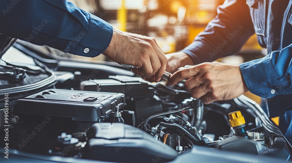 Skilled Automotive Mechanic in a Garage, Intently Working on a Car Engine Amidst an Array of Tools and Machinery Skilled Automotive Mechanic in a Garage, Intently Working on a Car Engine Amidst an Array of Tools and Machinery