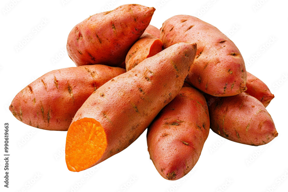 A bunch of bright orange sweet potatoes with rough skin, isolated on a transparent background, PNG file. A bunch of bright orange sweet potatoes with rough skin, isolated on a transparent background, PNG file.