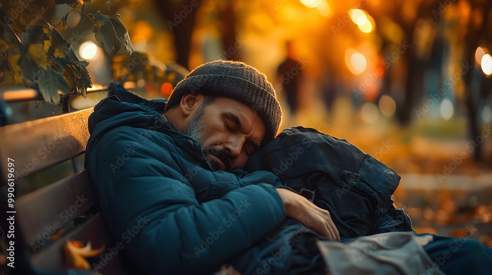 man sleeping on park bench in autumn, warm sunset, peaceful atmosphere	
