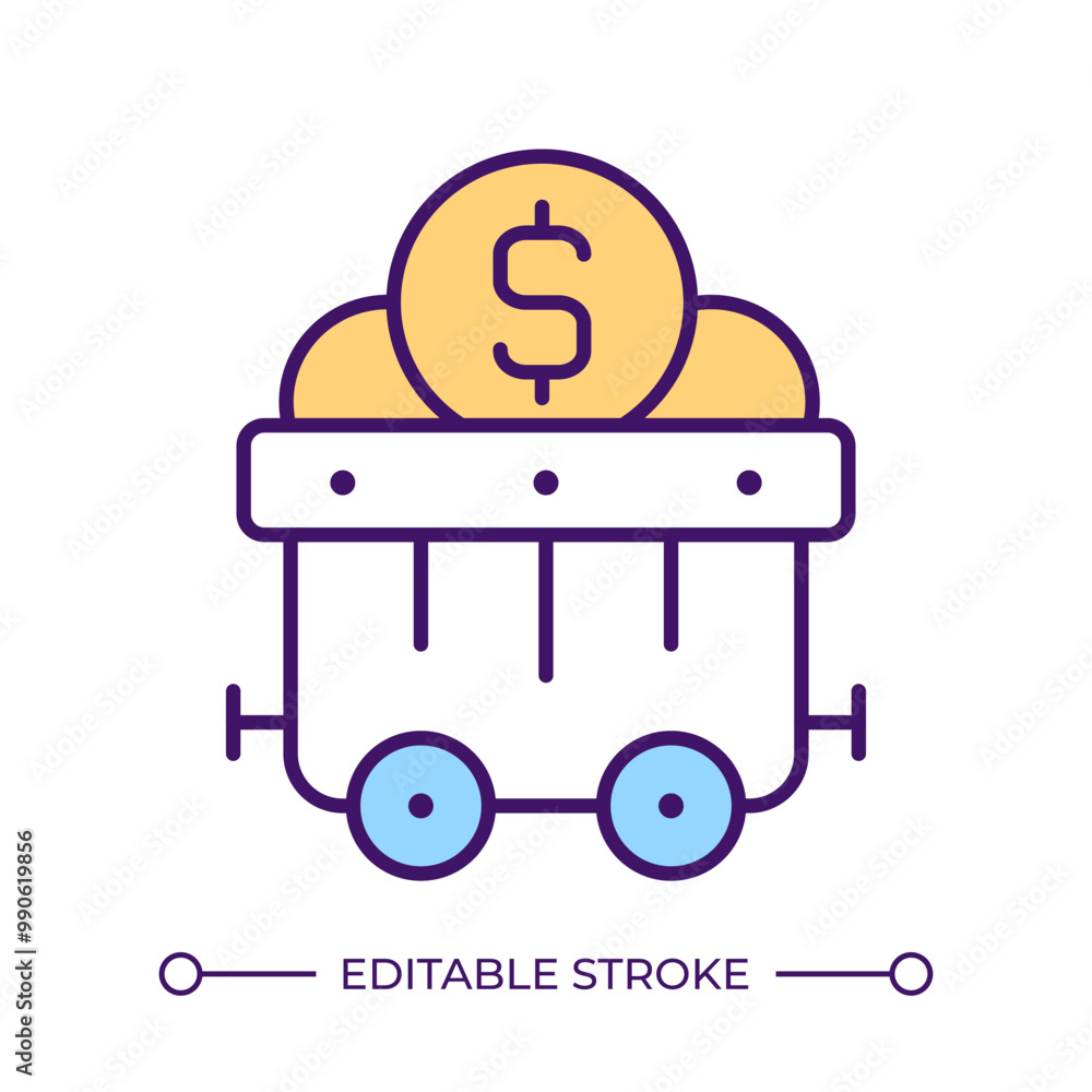 Mining money RGB color icon. Mining cart and dollar sign. Wealth, finance and profit concepts. Financial gain. Isolated vector illustration. Simple filled line drawing. Editable stroke Mining money RGB color icon. Mining cart and dollar sign. Wealth, finance and profit concepts. Financial gain. Isolated vector illustration. Simple filled line drawing. Editable stroke