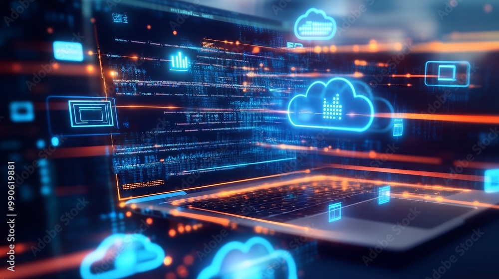 A futuristic digital workspace showcasing cloud computing with glowing icons and data analytics on a sleek laptop A futuristic digital workspace showcasing cloud computing with glowing icons and data analytics on a sleek laptop