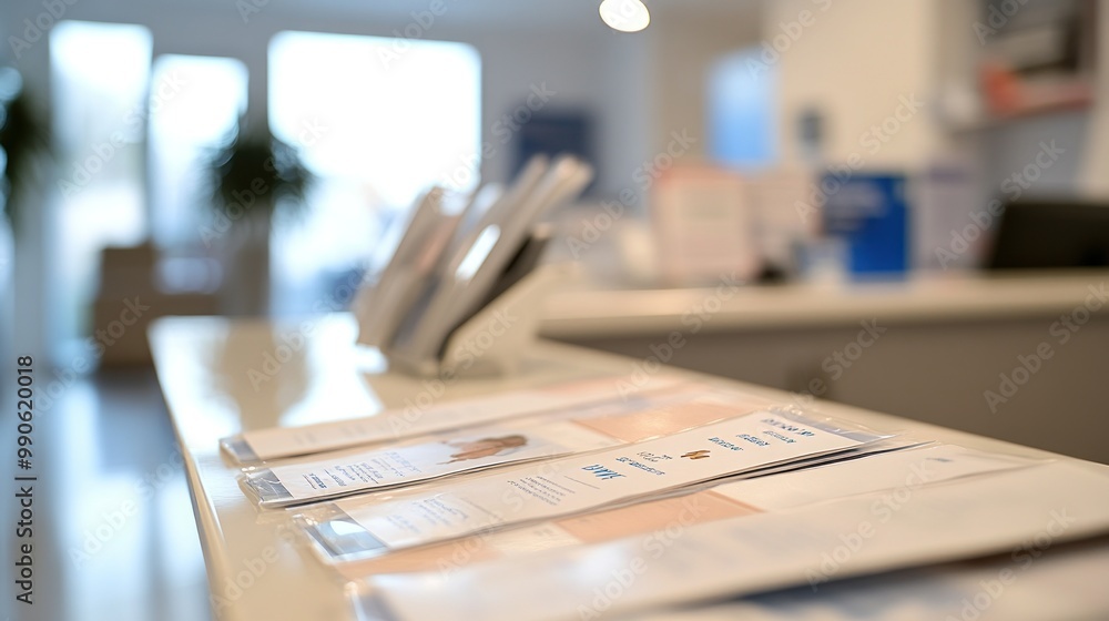 A reception area with brochures and phones, suggesting an informational or service-oriented space. A reception area with brochures and phones, suggesting an informational or service-oriented space.