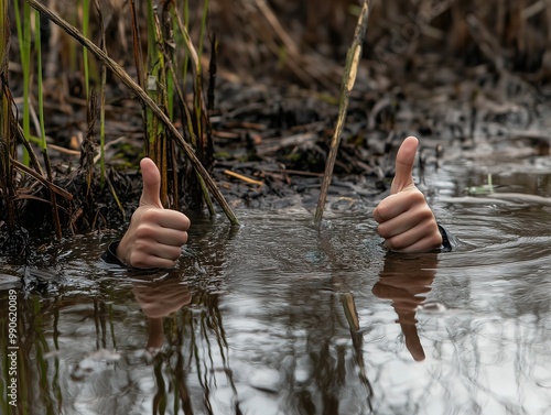 A photo of two thumbs up emerging from the water, hands sticking out from under the swamp grass. This is a drowning man who pretends that everything is still ok. Do something, it's the last moment!