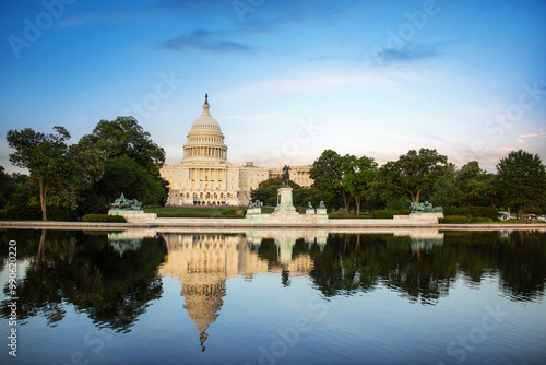 The United States Capitol building reflected on the reflection pool on a sunny day at nation mall, Washington DC, USA.