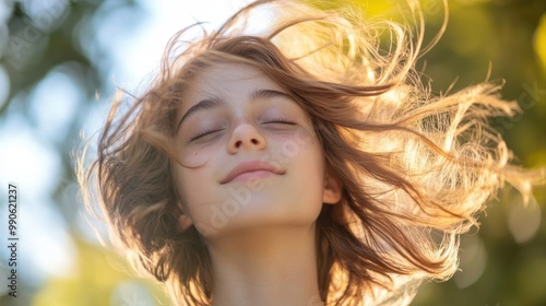 Head and shoulders view of an energetic teenager with playful wind-swept hair against a vivid outdoor backdrop