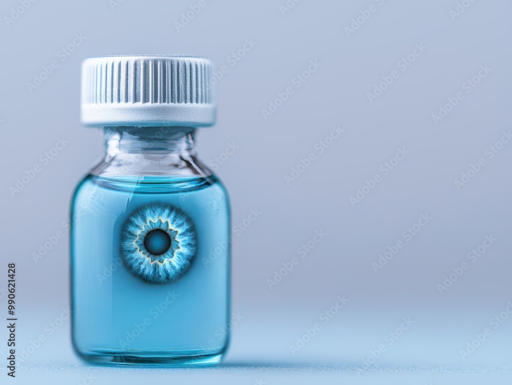 Eyedrop bottle hovering over an eye, with the liquid drop representing treatment for blurred vision, sharpness returning as the drop lands, vision clarity, eye treatment Eyedrop bottle hovering over an eye, with the liquid drop representing treatment for blurred vision, sharpness returning as the drop lands, vision clarity, eye treatment