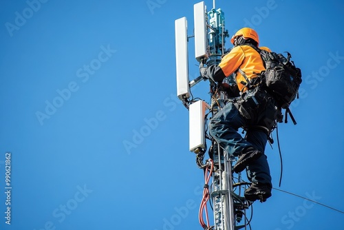 A technician wearing a safety helmet is climbing or working on a power line or repairing an internet connection.