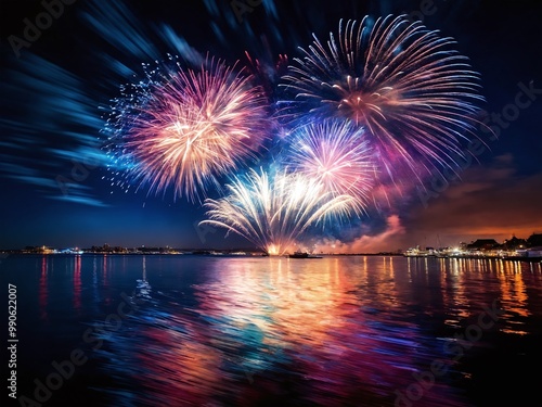 Colorful fireworks illuminate the night sky over a serene waterfront in a vibrant display during a summer celebration