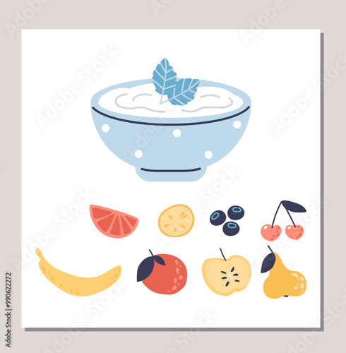 Vector illustration of a yogurt maker with Greek yogurt and banana, cherry, pear fillings