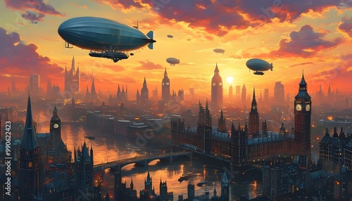 Retrofuturistic sunset over Steampunk London cityscape featuring airships and intricate architectural details