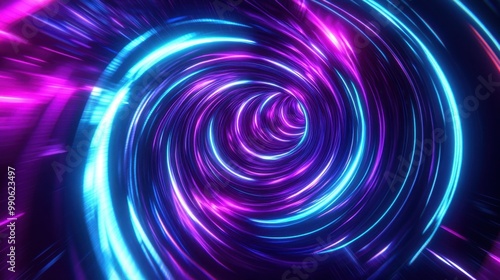 Vibrant neon lines forming a spiraling tunnel of blue and purple hues creating an intense 3D futuristic environment