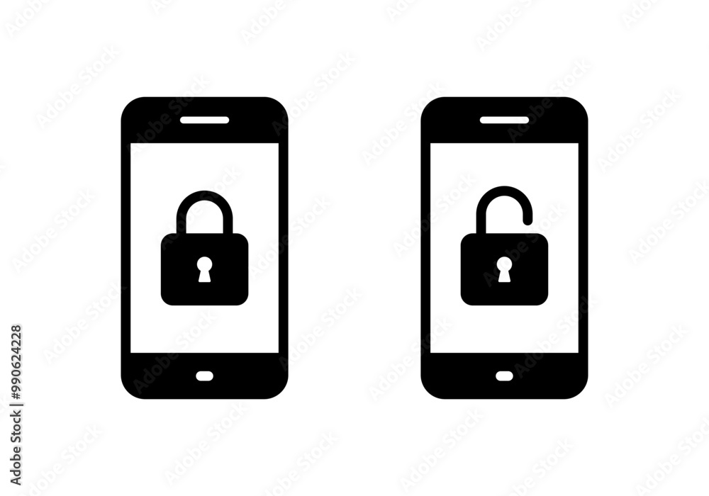 Lock and unlock padlock on cellphone screen icon Lock and unlock padlock on cellphone screen icon