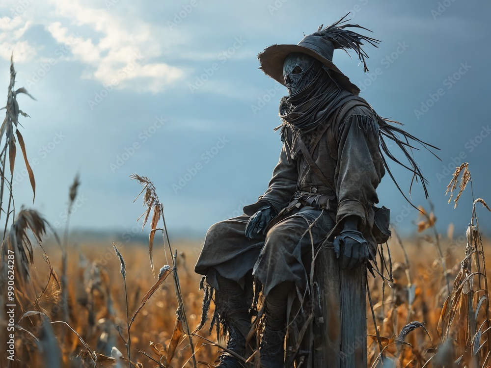 Fototapeta premium Eerie scarecrow perched in a golden cornfield under a moody sky at dusk, creating an unsettling atmosphere