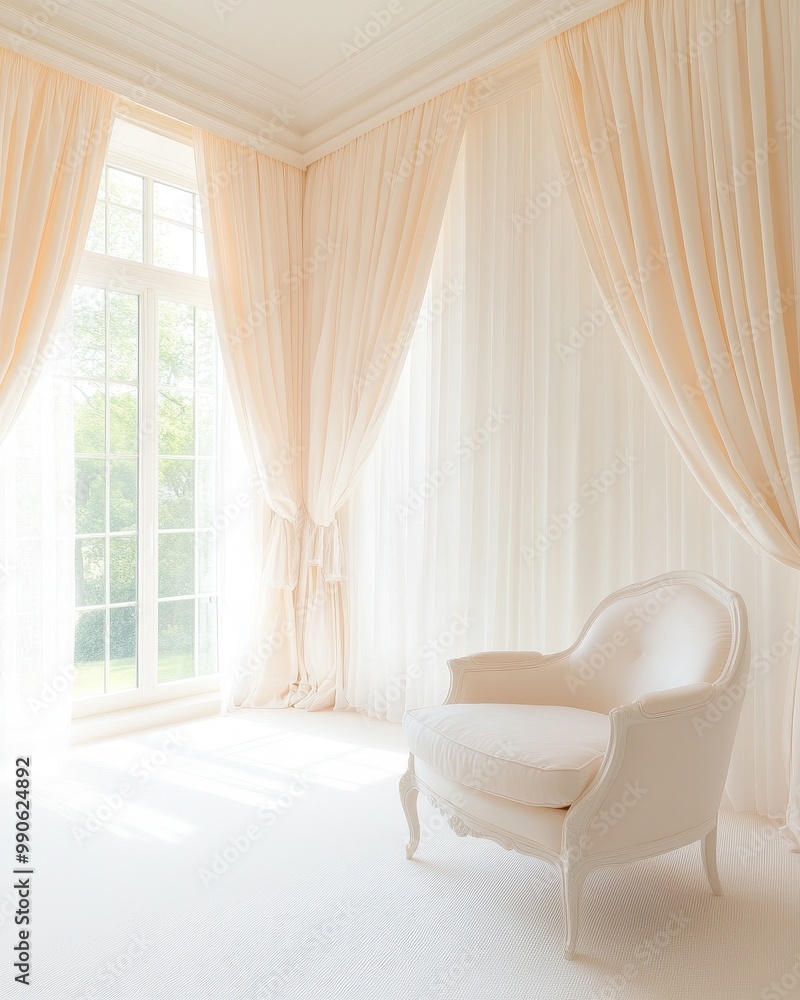 A white chair is sitting in front of a window with white curtains A white chair is sitting in front of a window with white curtains
